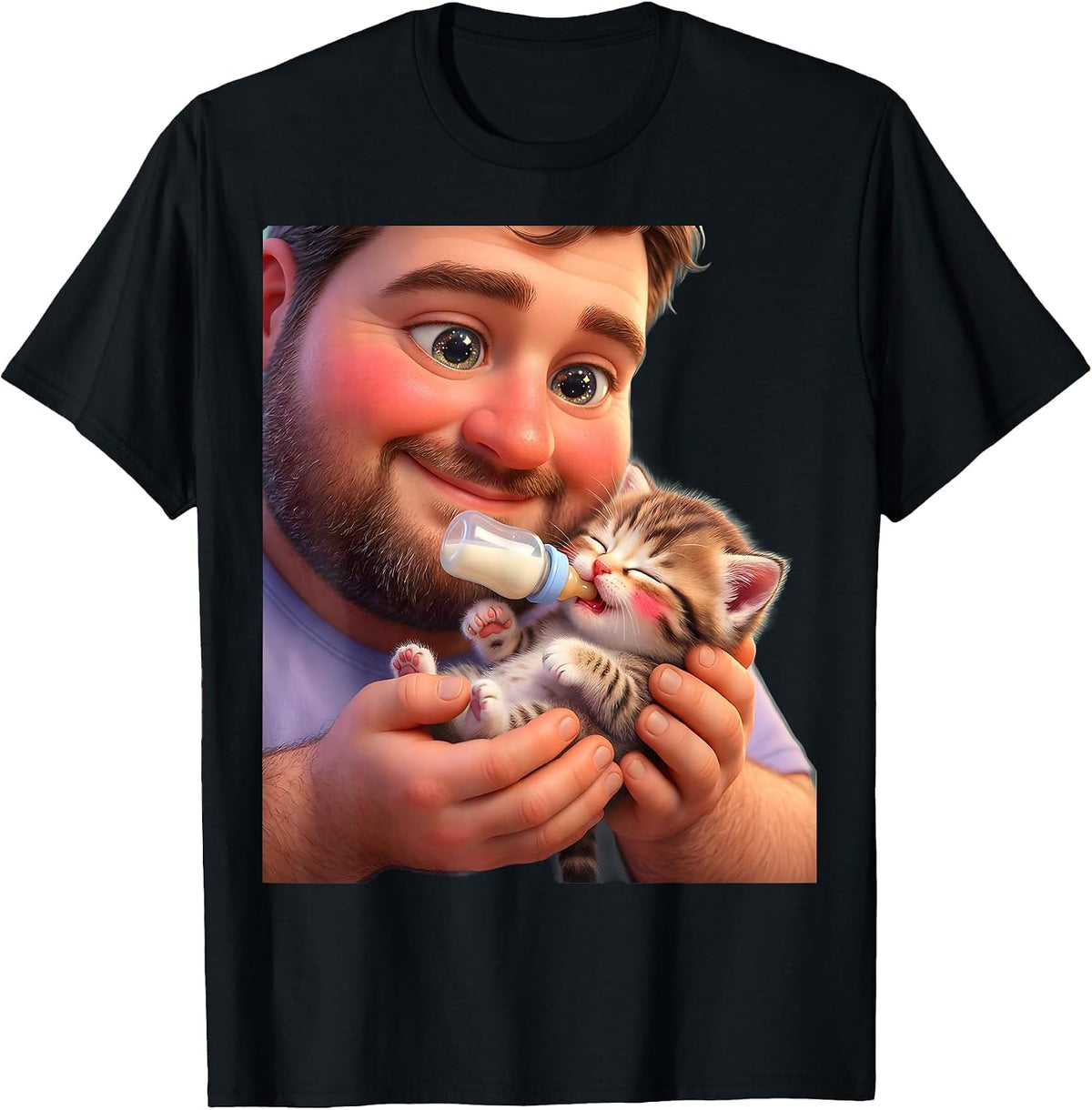 Men's Cat Dad Newborn Kitten Bottle Feeding Illustration T-Shirt - Black