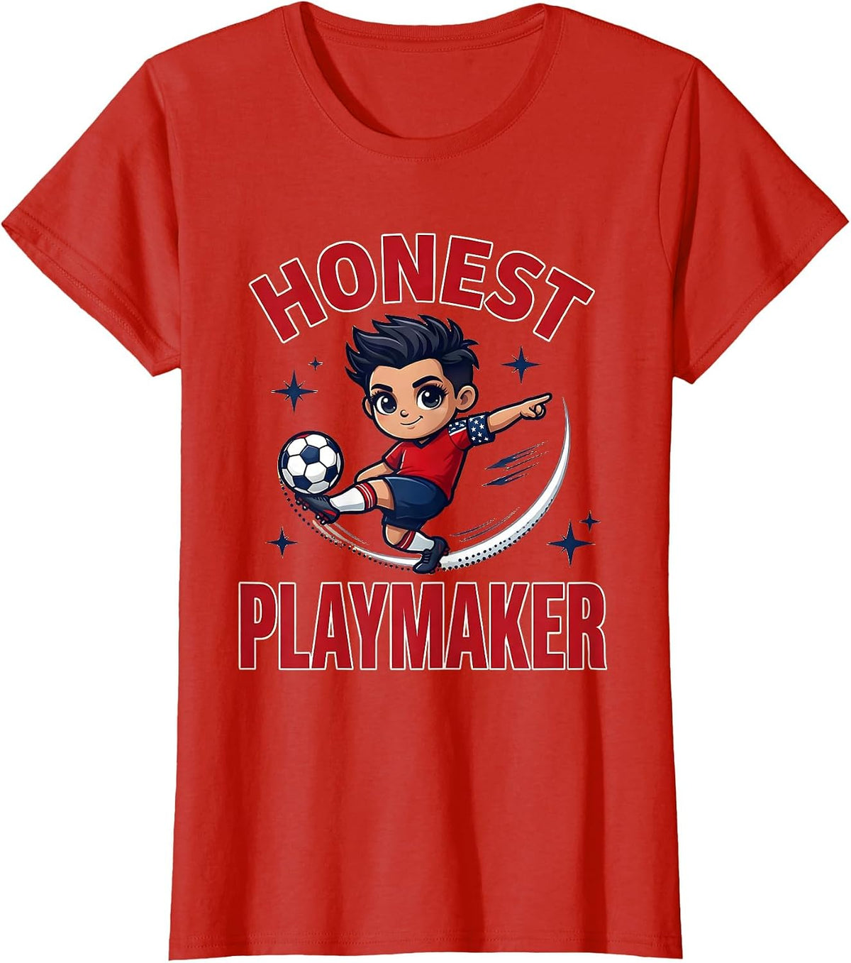 Women's HONEST PLAYMAKER Cartoon Soccer Player Fourth of July T-Shirt - Red