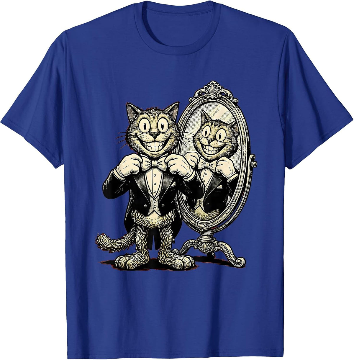 Men's Dapper Cat Adjusting Bow Tie in Mirror T-Shirt - Royal Blue