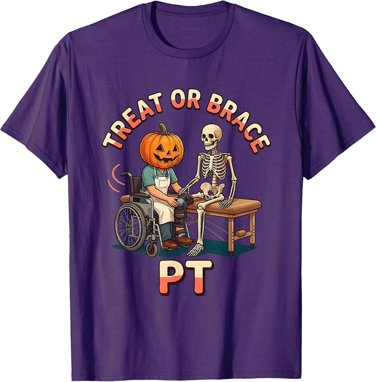 Treat Or Brace PT Funny Physical Therapy Halloween Workwear T-Shirt - Purple