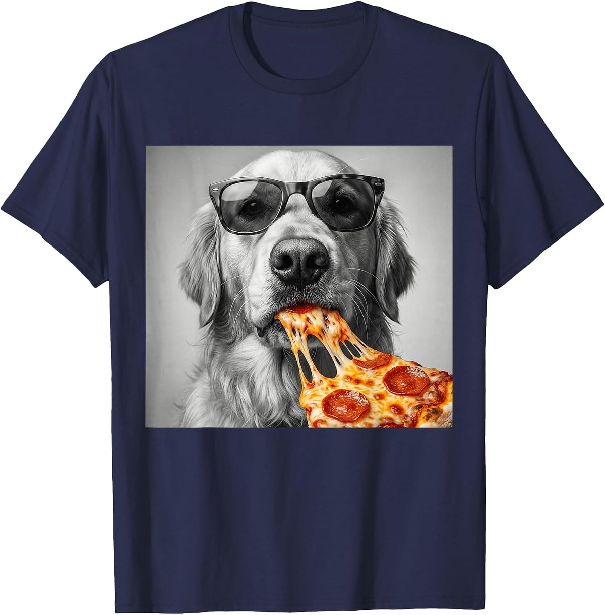 Cool Golden Retriever Eating Pizza Sunglasses Funny Dog T-Shirt - Navy Blue
