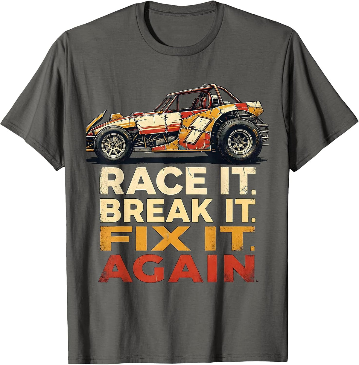 Race It Break It Fix It Again Distressed Vintage Racing T-Shirt - Asphalt Grey