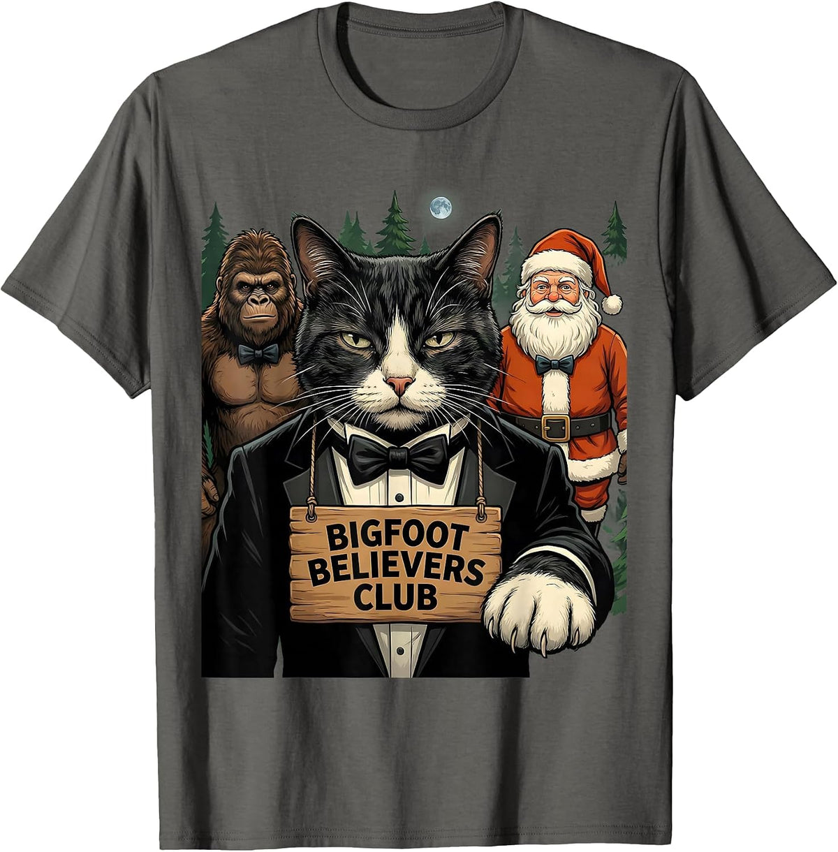 Bigfoot Believers Club Funny Cat Selfie Christmas Sasquatch T-Shirt - Asphalt Grey