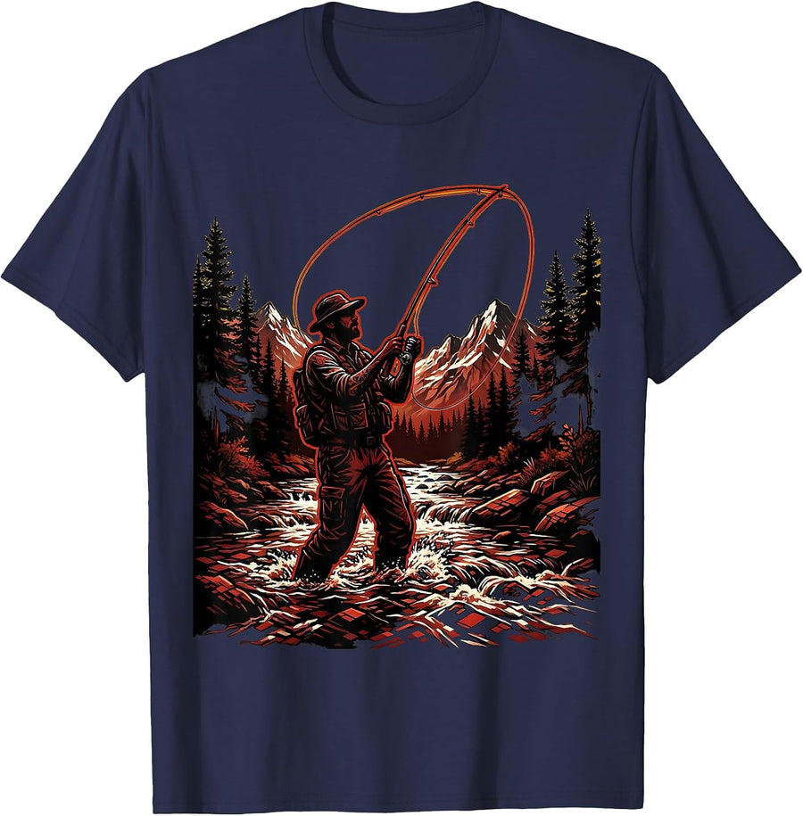 Fly Fisherman Casting in a Mountain Stream T-Shirt - Navy Blue