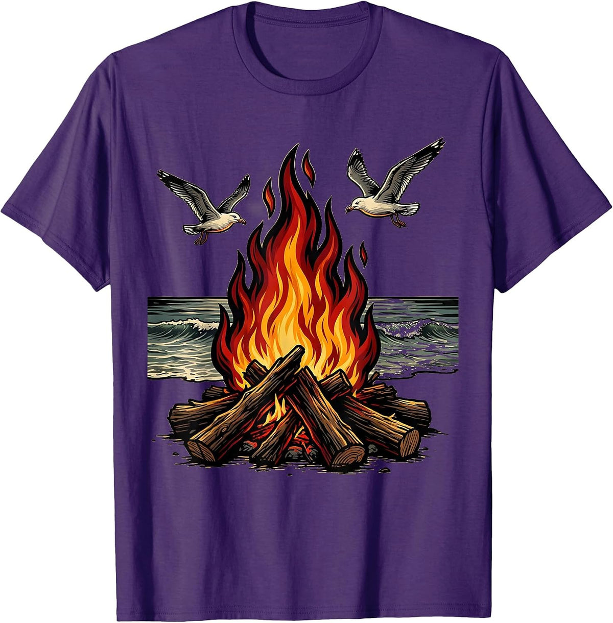 Driftwood Campfire Empty Beach Freedom Design T-Shirt - Purple