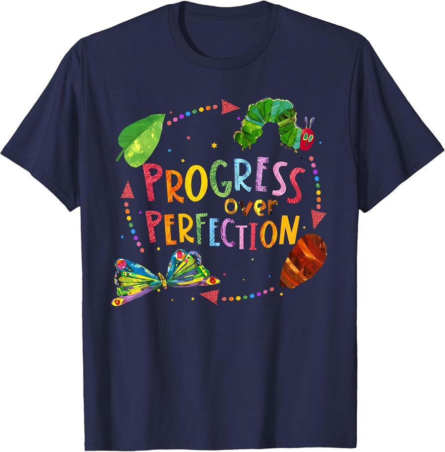 Progress Over Perfection Motivational National Teacher's Day T-Shirt - Navy Blue