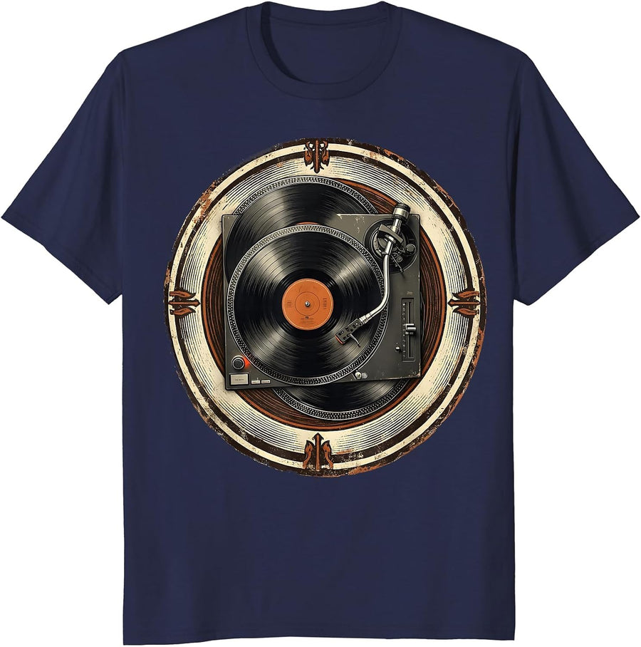 WDNC Club DJ Turntable Vinyl Records Graphic T-Shirt - Navy Blue