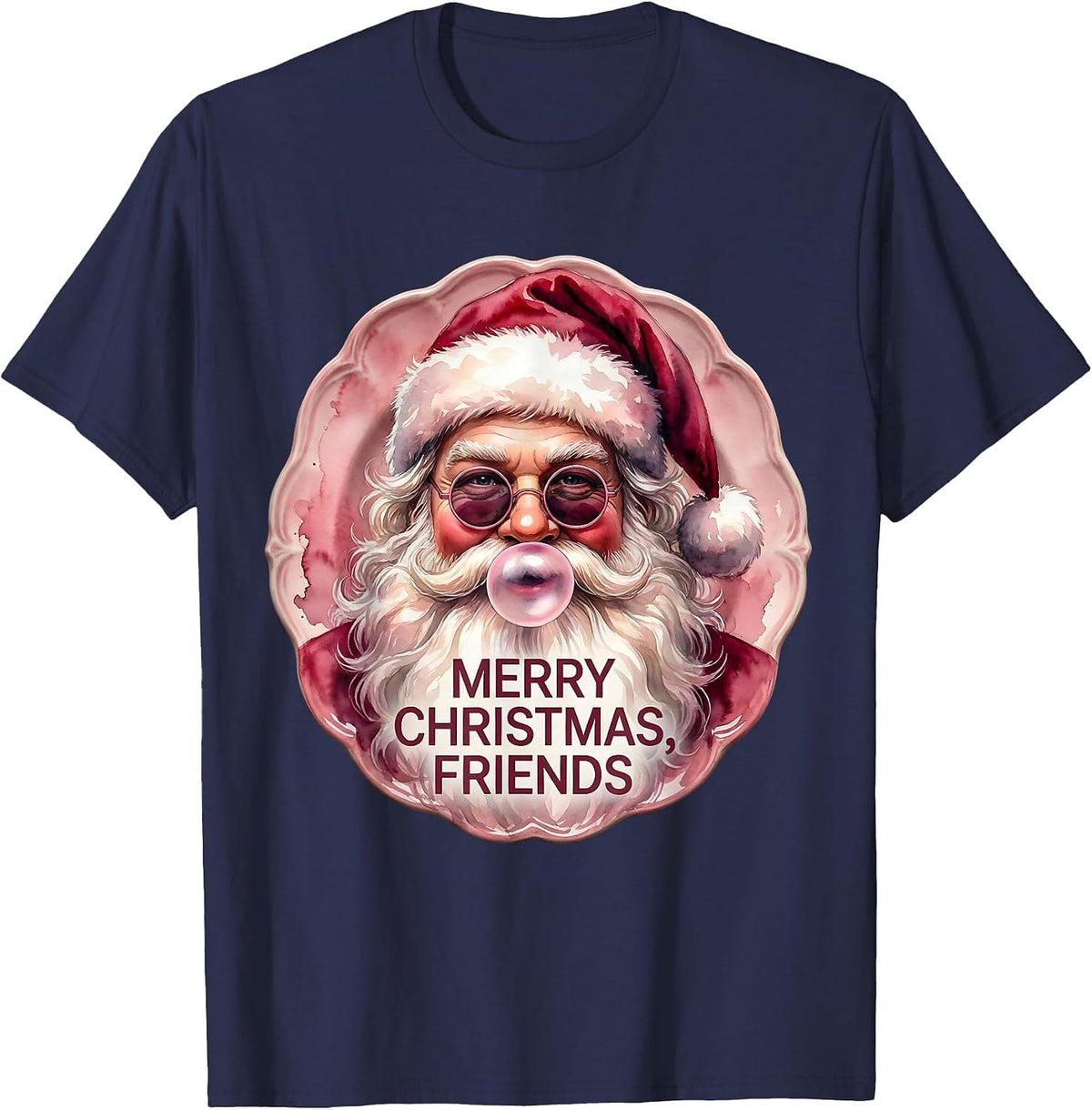 Men's Merry Christmas, Friends Watercolor Retro Pink Bubblegum T-Shirt - Navy Blue