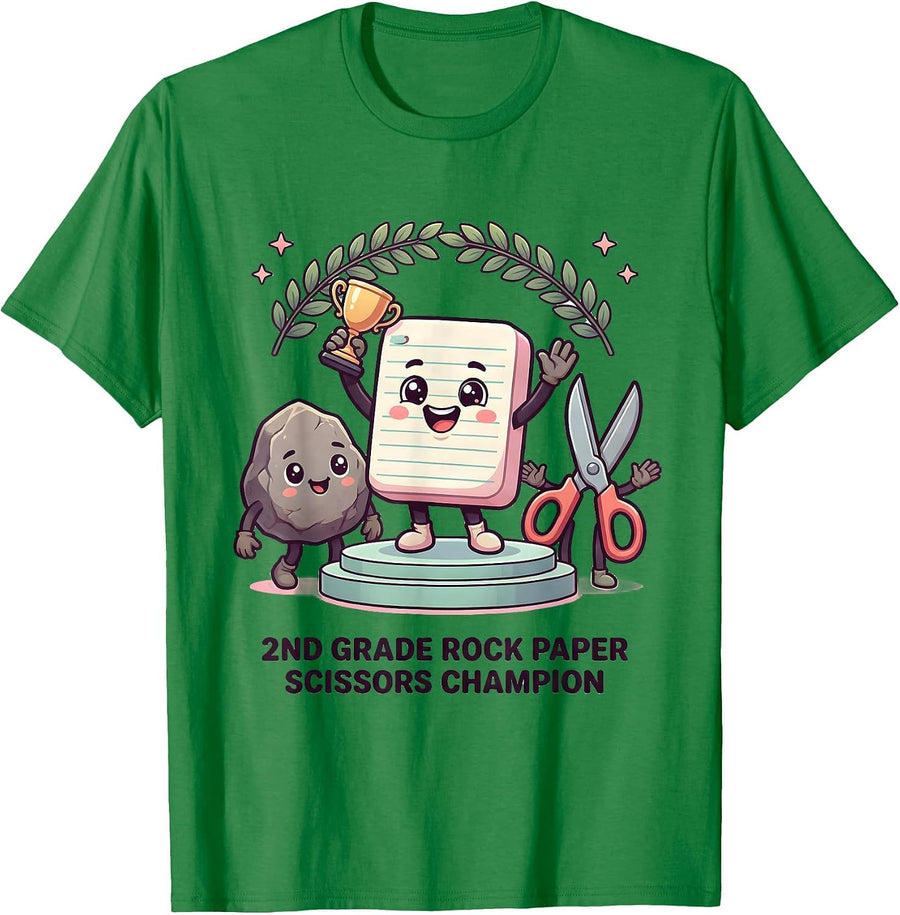 2nd Grade Rock Paper Scissors Champion Cute Kawaii Back T-Shirt, Men, Kelly Green, Small - As Pictured