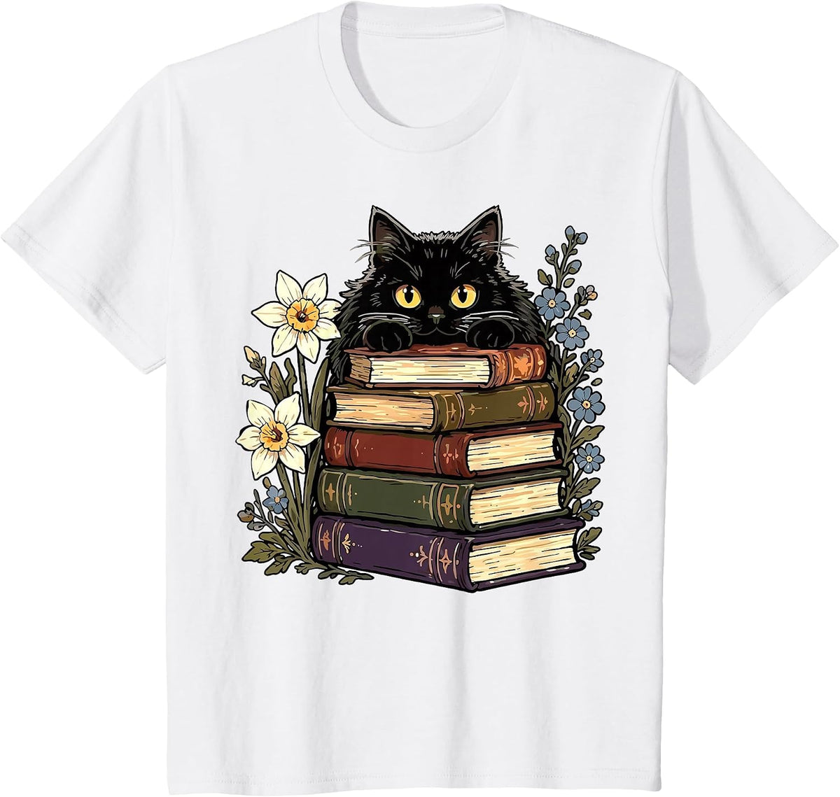 Black Cat Book Lover T-Shirt - White