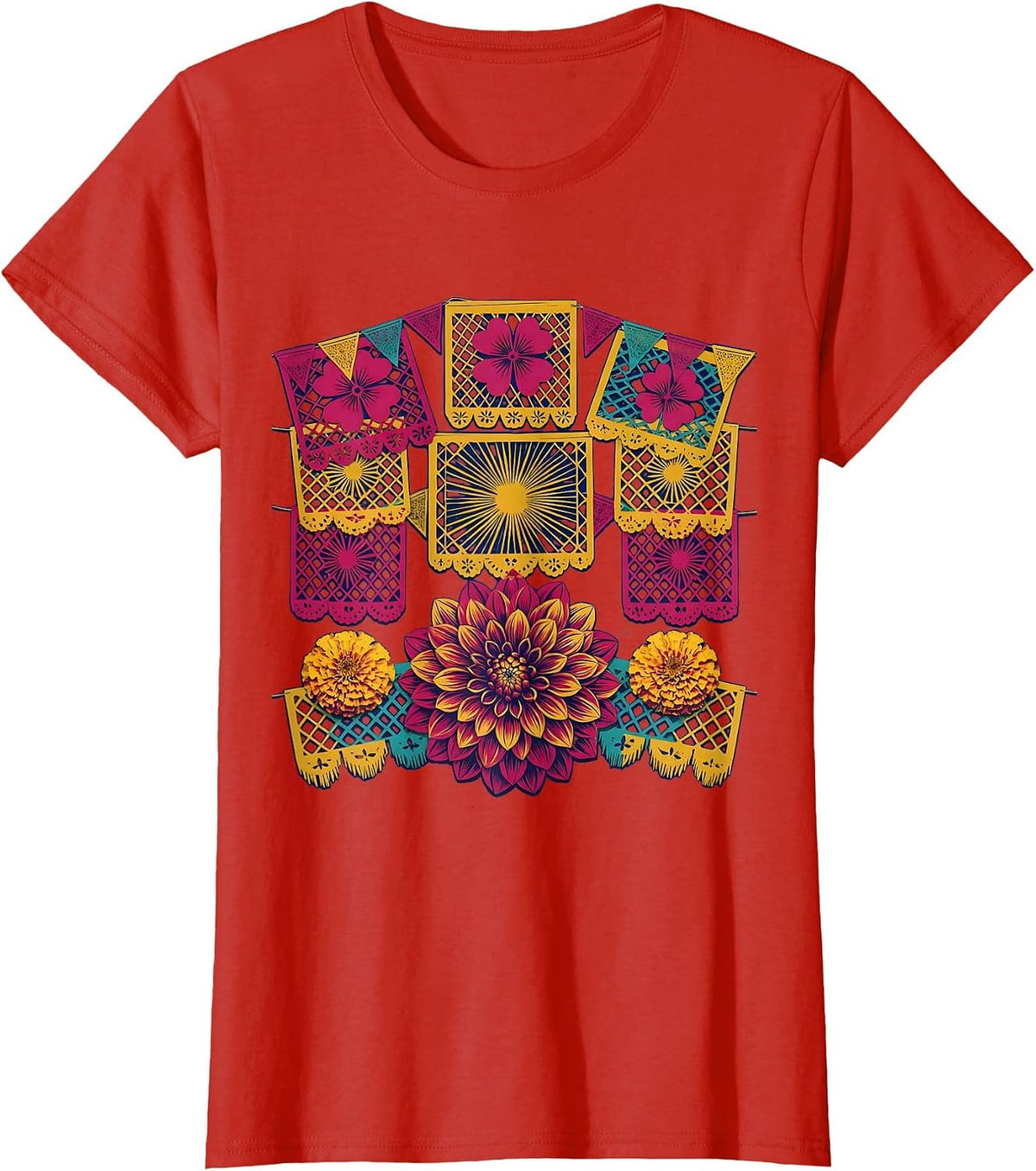 Women's Hispanic Heritage Month Papel Picado Floral Banner T-Shirt - Red