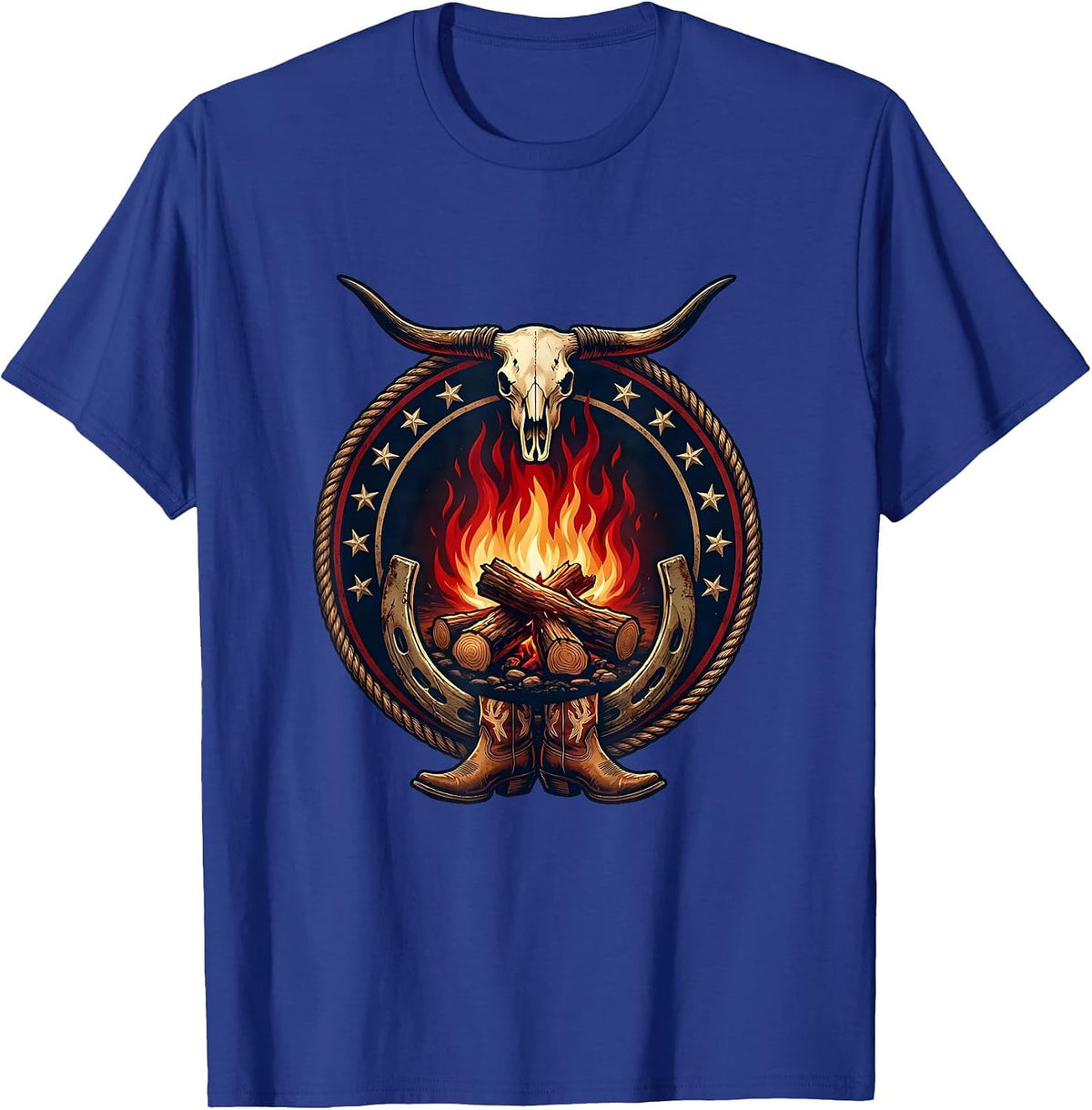 Campfire Under Starry Night Sky American Design T-Shirt - Royal Blue