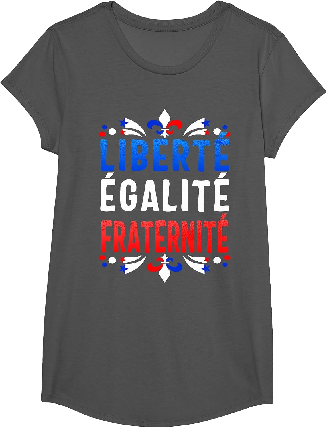 Liberty Equality Fraternity French Bastille Day Fleur De Lis T-Shirt - Girls Asphalt Grey