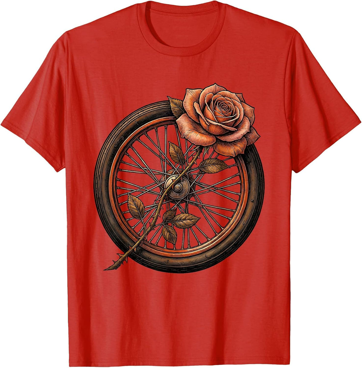 Men's Vintage Motorcycle Wheel Rose Biker Graphic T-Shirt - Red