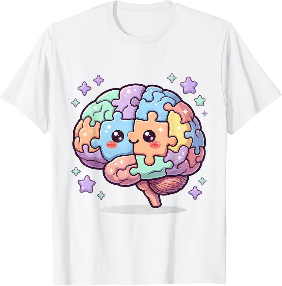 Men's Rainbow Puzzle Piece Brain Autism Awareness Design T-Shirt - White