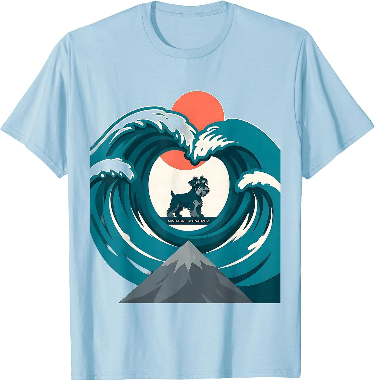 Men's Miniature Schnauzer Flat Vector Surfing Japanese Kanagawa T-Shirt - Baby Blue