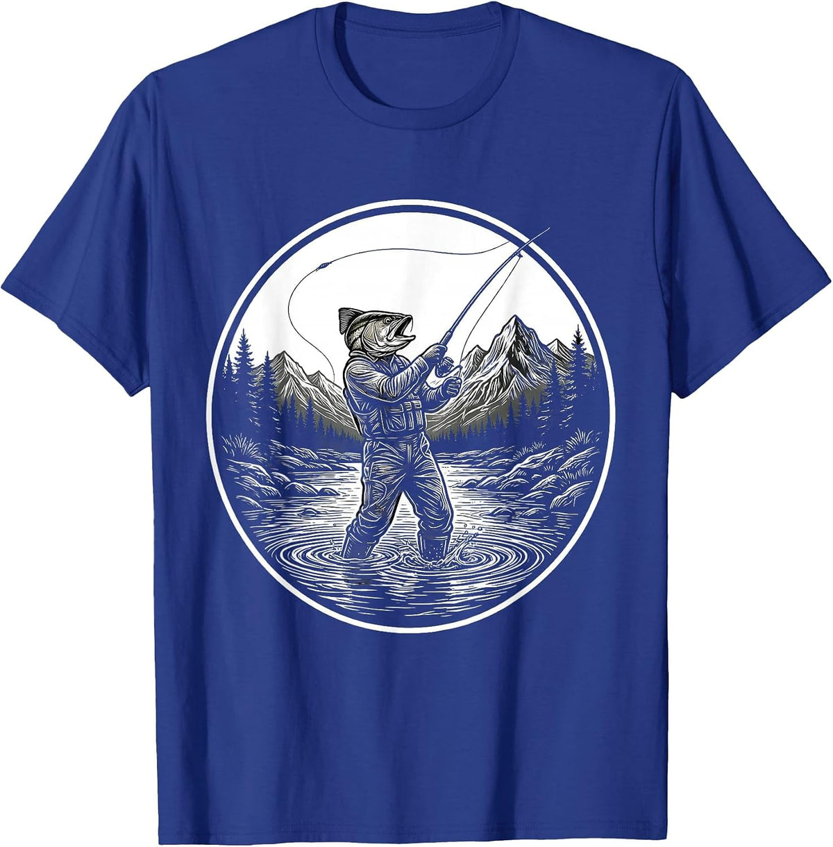 Fly Fishing Angler Casting in Mountain Stream T-Shirt - Royal Blue