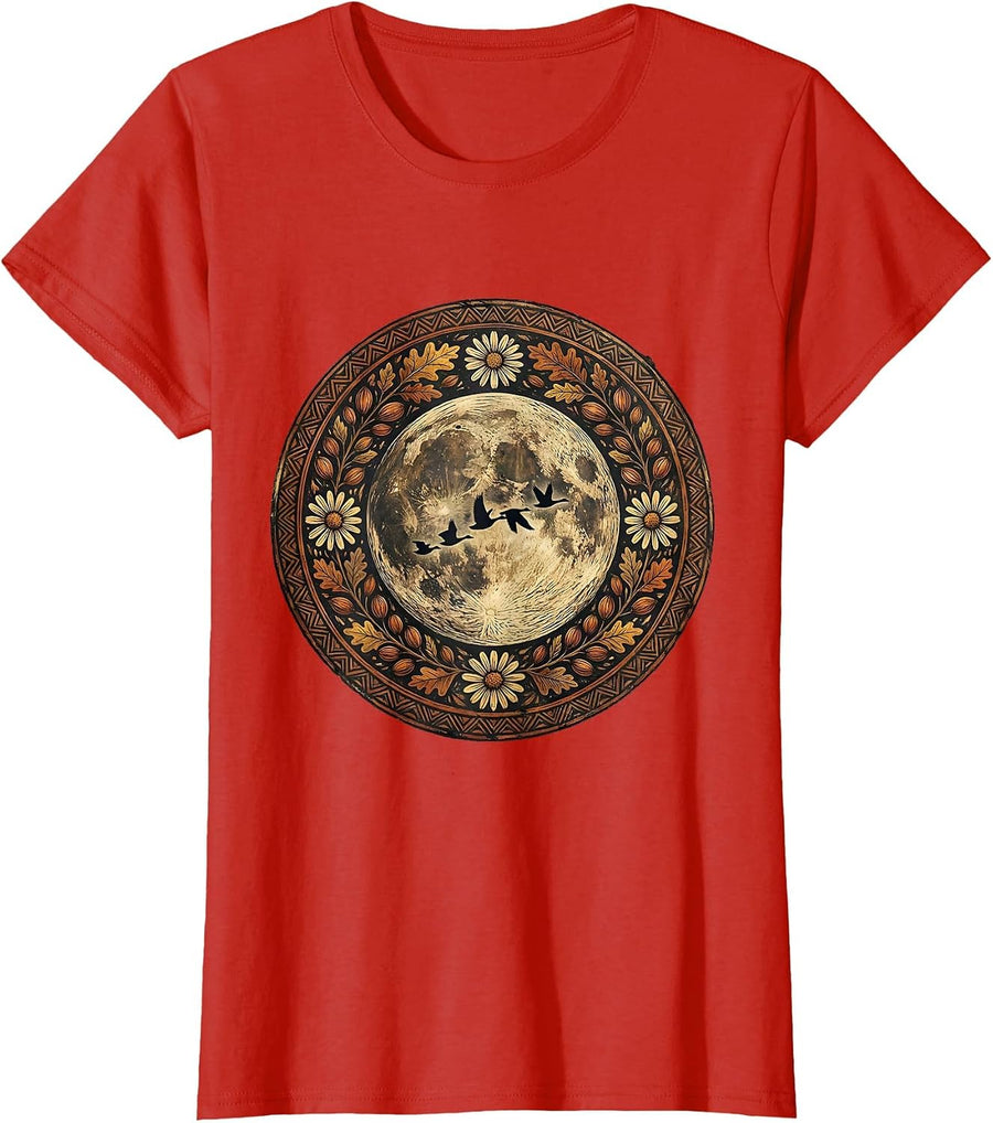 Women's Harvest Moon Flying Geese Fall Season Design T-Shirt - Red