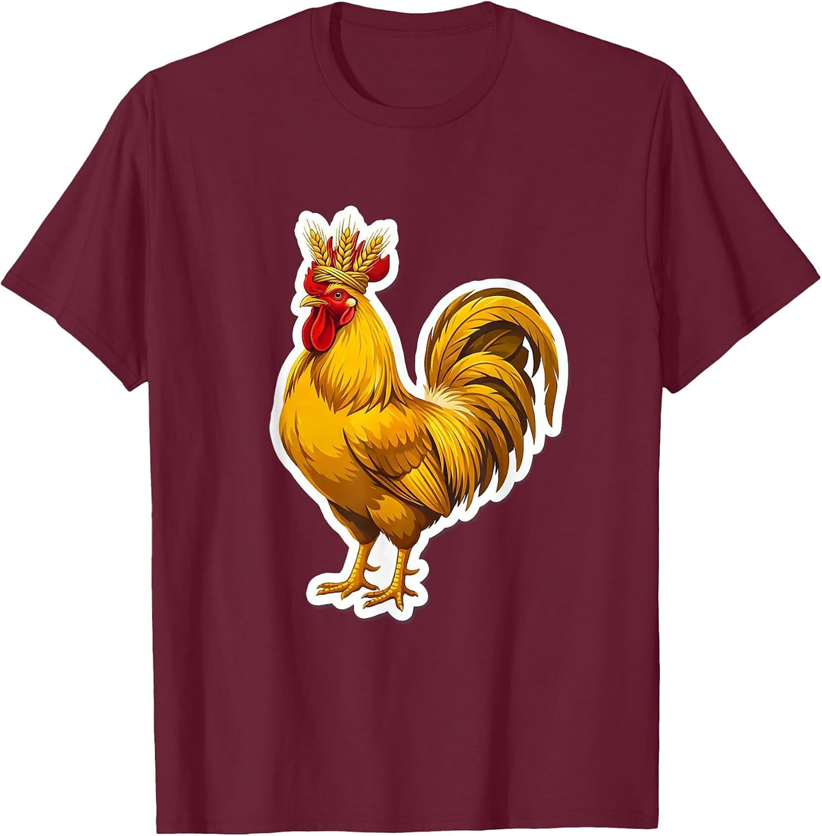Regal Rooster Wheat Crown Illustration T-Shirt - Burgundy