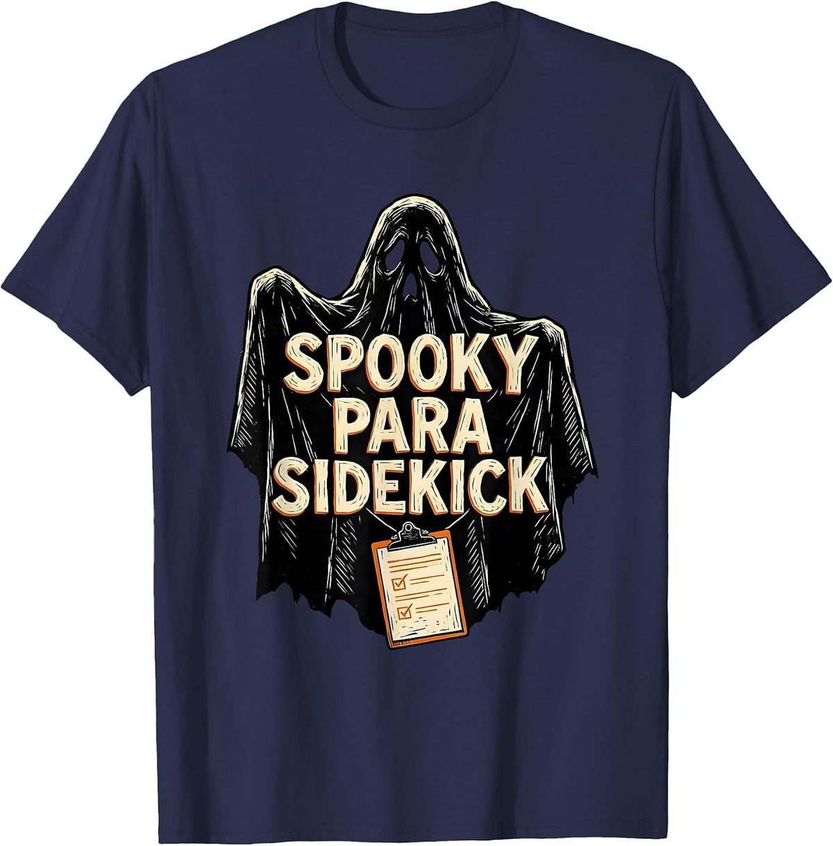 Men's Spooky Para Sidekick Linocut Teacher Aide Halloween Party T-Shirt - Navy Blue