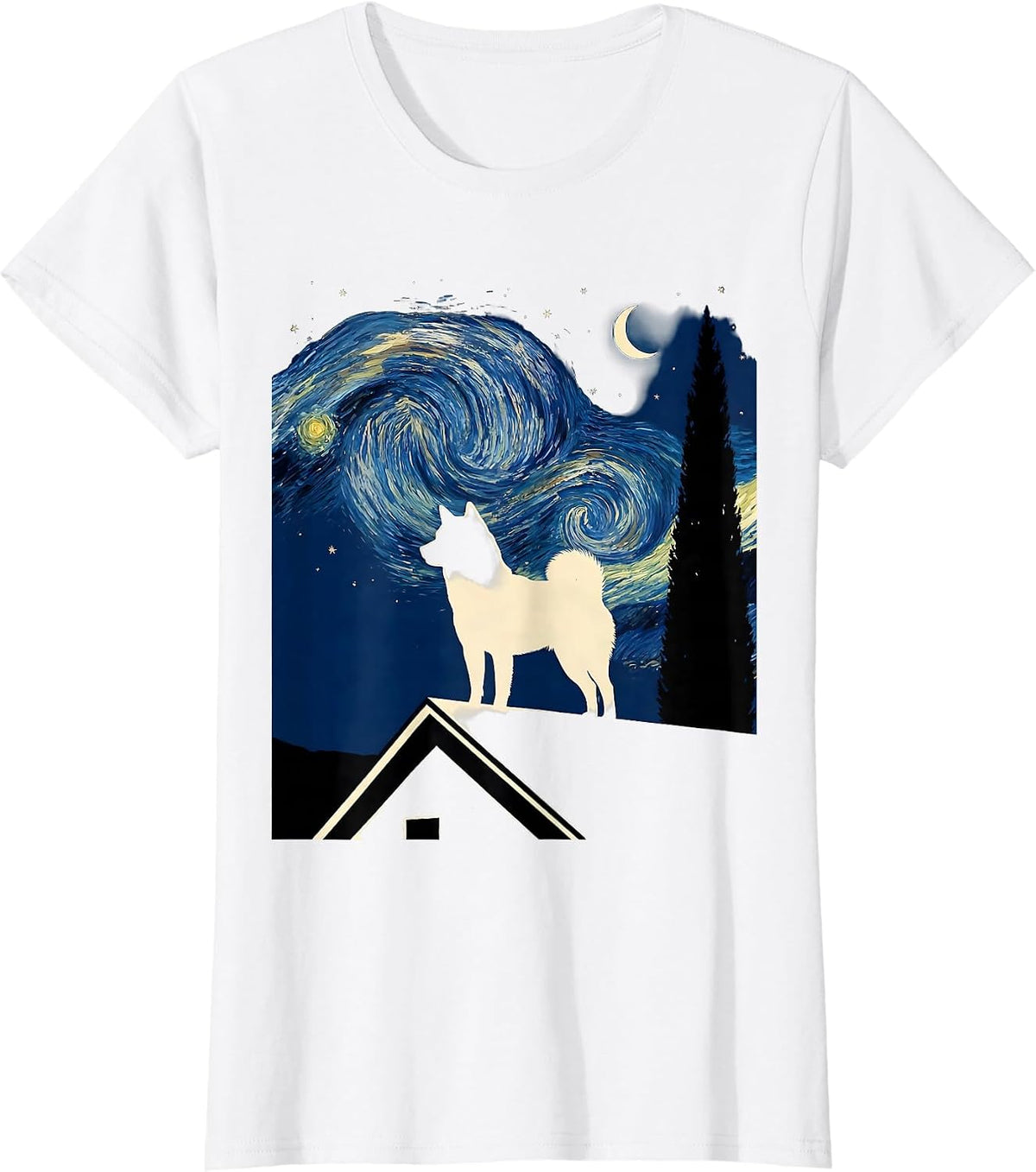 Shiba Inu Silhouette Van Gogh Starry Night Dog Lover Novelty T-Shirt - White