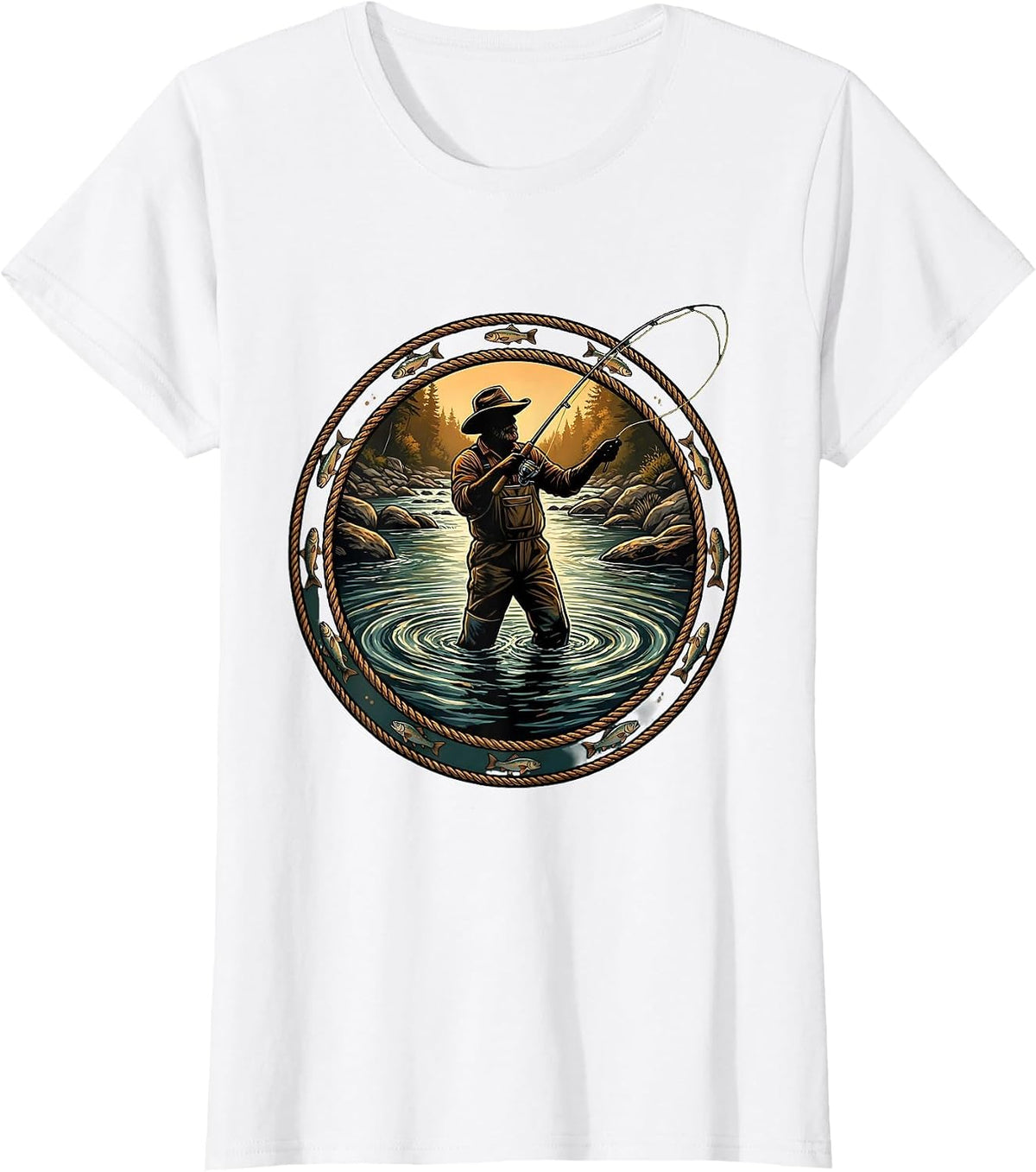 Fly Fishing Waders Deep River Fisherman Graphic T-Shirt - White