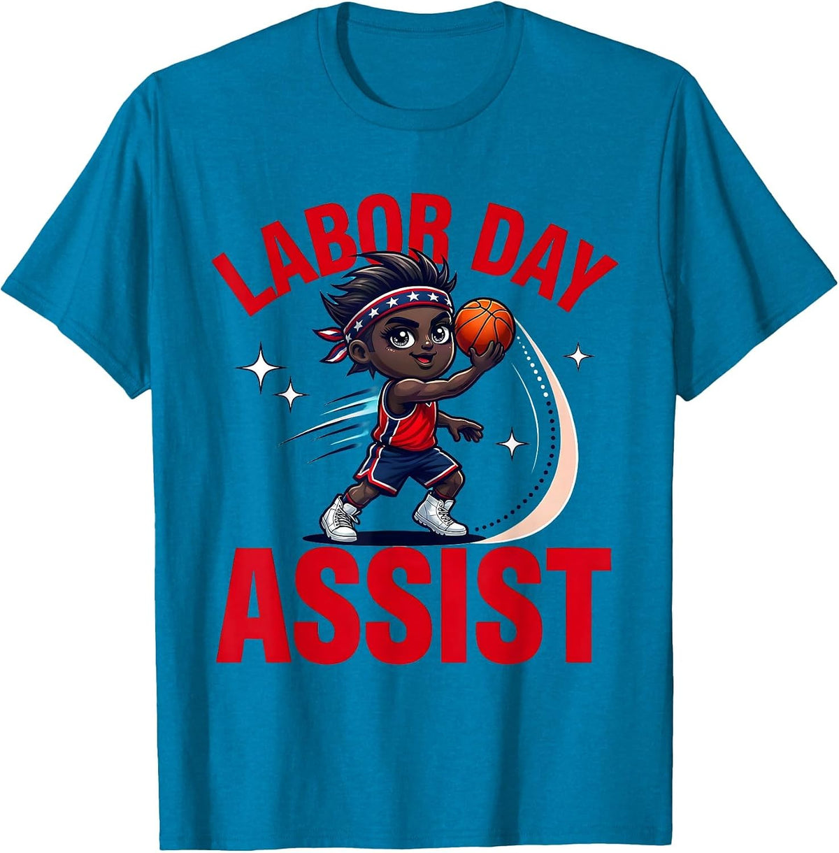 LABOR DAY ASSIST Cartoon Basketball Player American Pride T-Shirt - Sapphire Blue