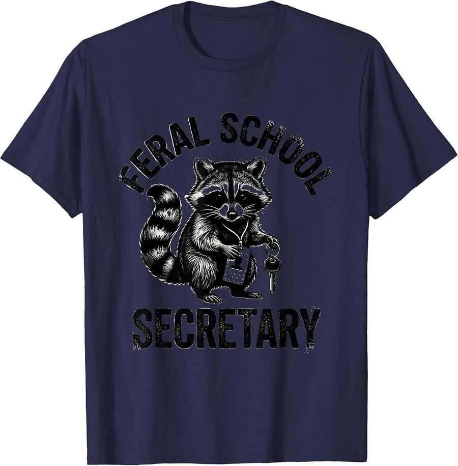 Feral School Secretary Rubber Stamp Funny Teacher Back T-Shirt - Navy Blue