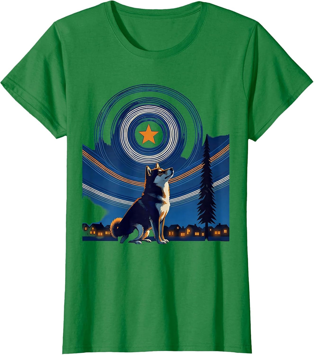Women's Night Silhouette Shiba Inu Van Gogh Starry Night Art T-Shirt - Kelly Green