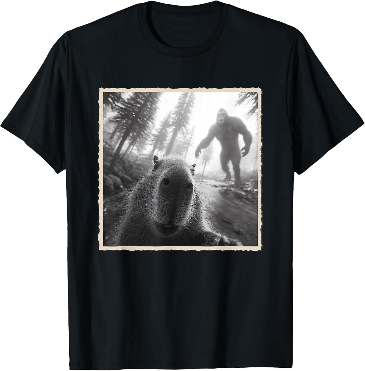 Capybara Scared Selfie with Bigfoot & Funny Sasquatch T-Shirt - Black