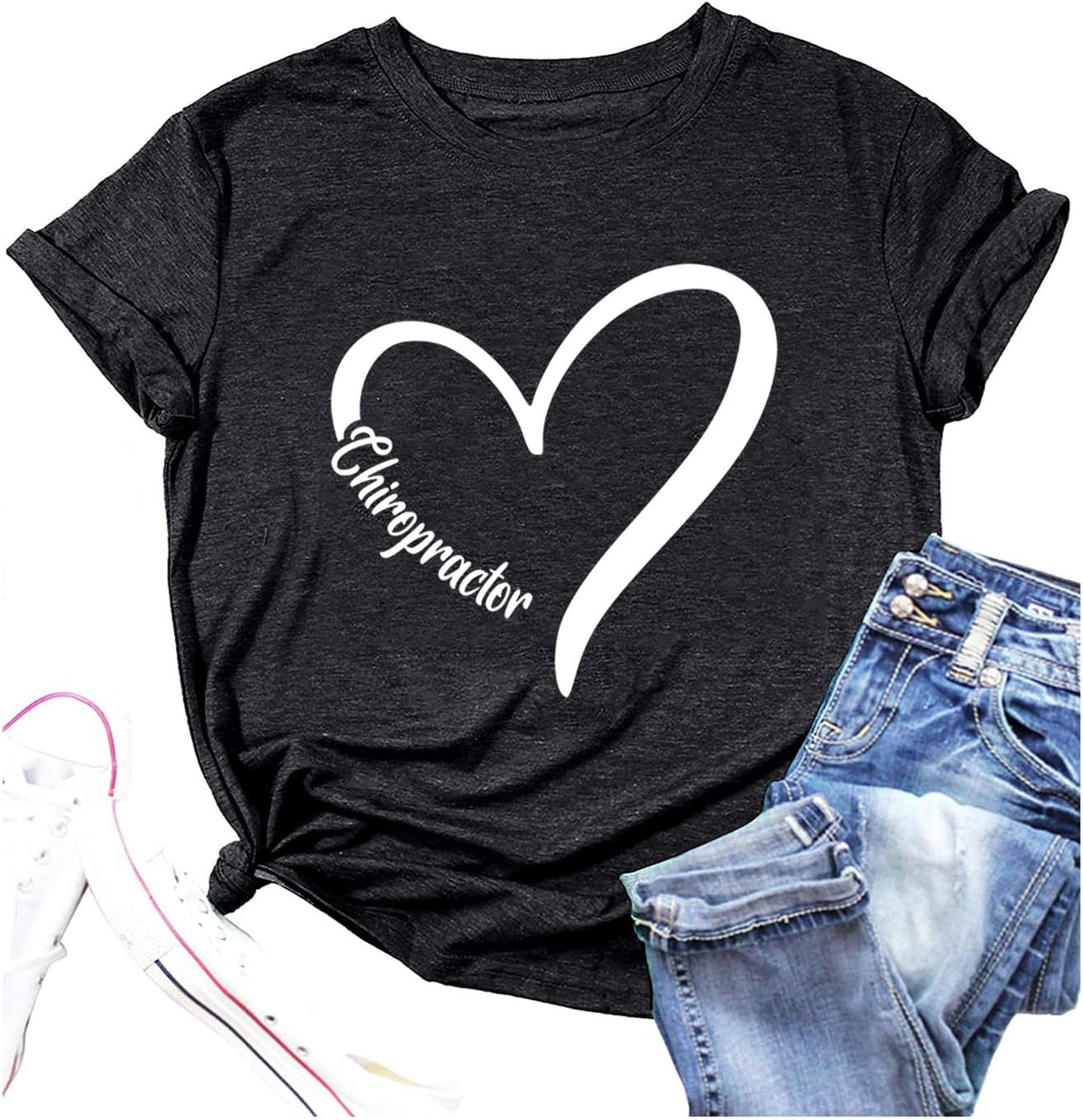 TSIIUO Women's Chiropractor Heart T-Shirt Funny Chiropractic Assistant Gift Chiropractor Casual Short Sleeve Tee Tops - Black