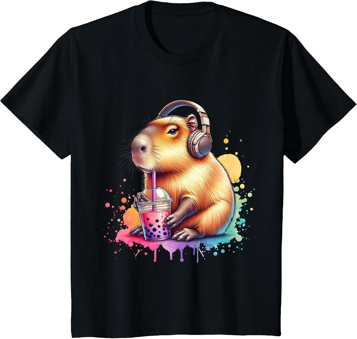 Funny Capybara Listening to Music and Drinking Boba. Boba T-Shirt - Black