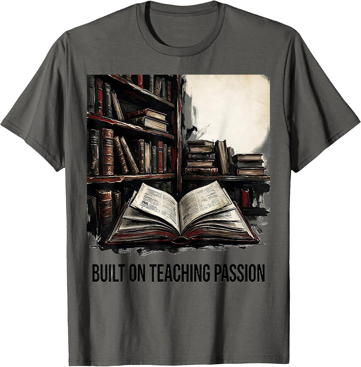 Men's Teaching Passion Labor Day Bookshelf Design T-Shirt - Asphalt Grey