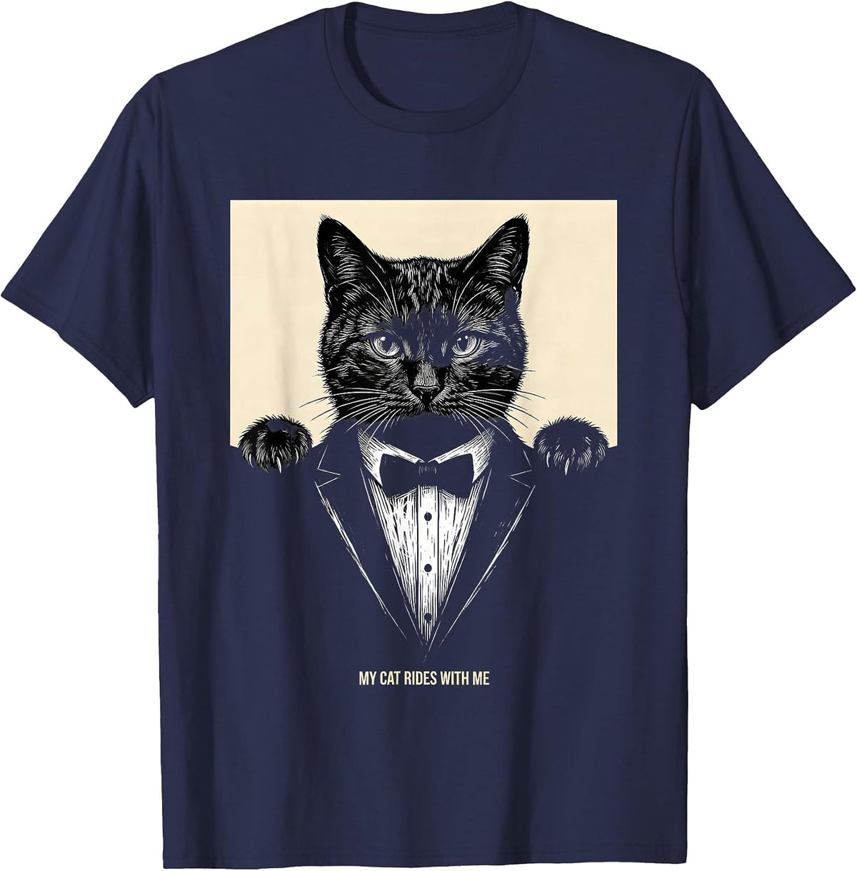 My Cat Rides With Me Playful Pet Owner Cat Pocket Design T-Shirt - Navy Blue