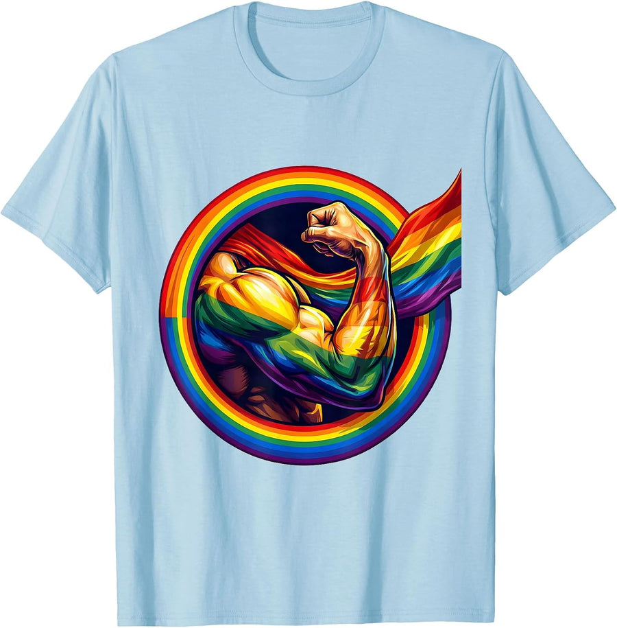 Men's Pride Flex Muscular Arm Rainbow Flag Graphic T-Shirt - Baby Blue