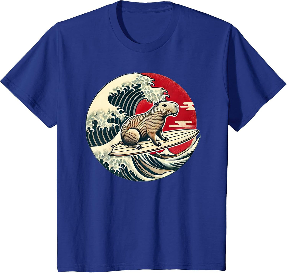 Capybara Japanese Kanagawa Wave Surfing T-Shirt - Royal Blue