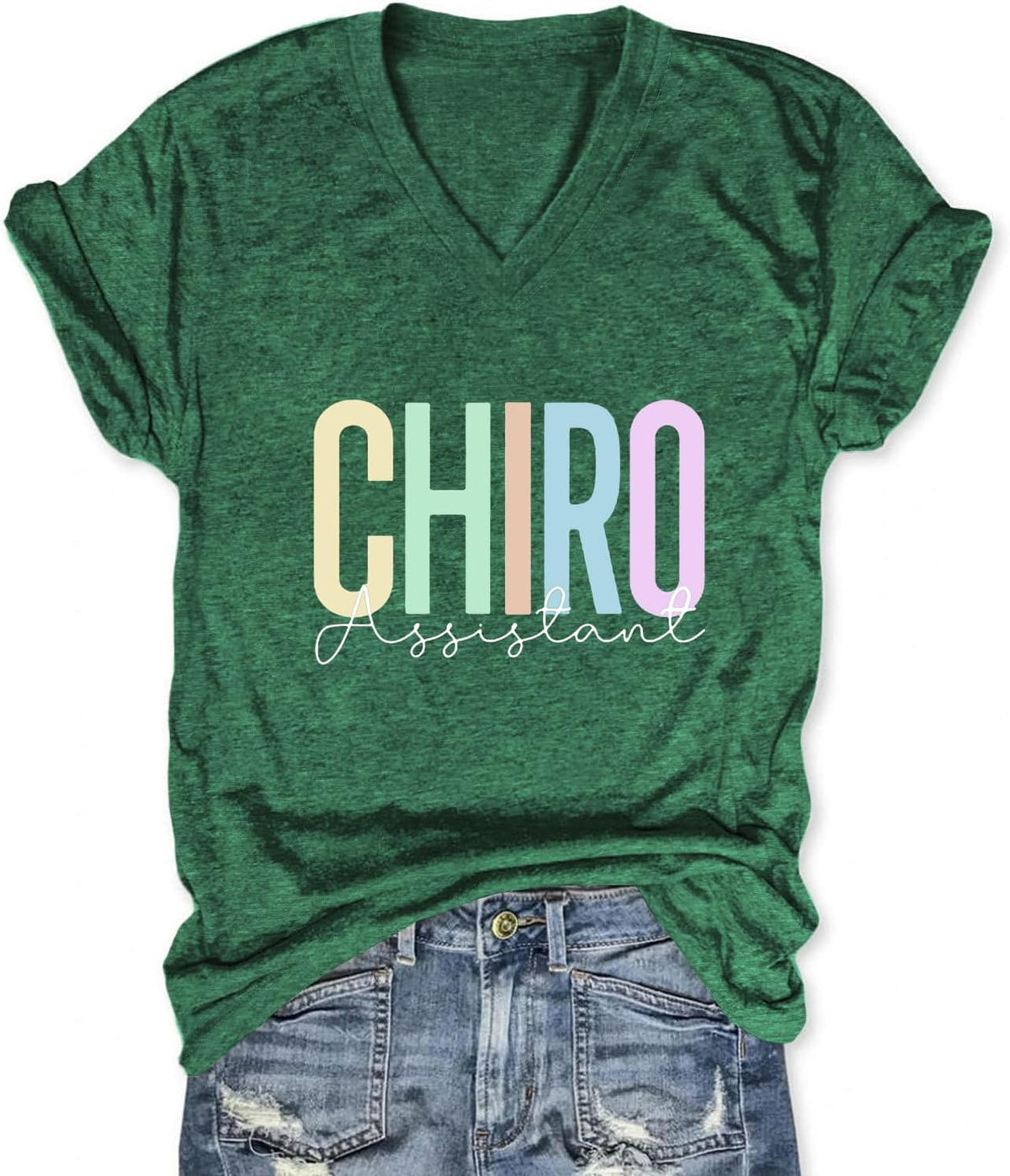 Womens Chiropractic Assistant Tops Short Sleeve V Neck Basic Tees Chiropractor T Shirts Physical Therapy Clothes - Dark Green