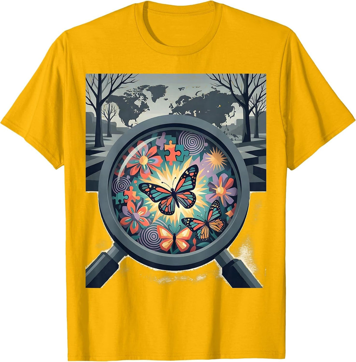Men's Autism Awareness Hidden World Magnifying Glass T-Shirt - Golden Yellow