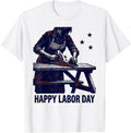 Men's Happy Labor Day Linocut Patriotic Woman Carpenter Humor T-Shirt - White