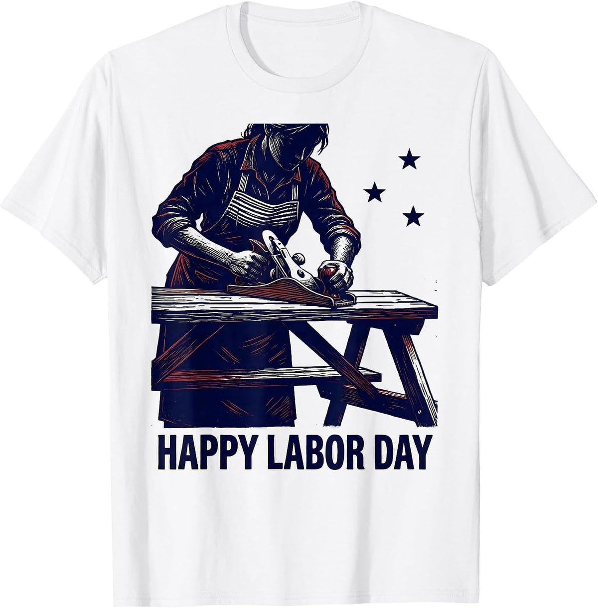 Men's Happy Labor Day Linocut Patriotic Woman Carpenter Humor T-Shirt - White