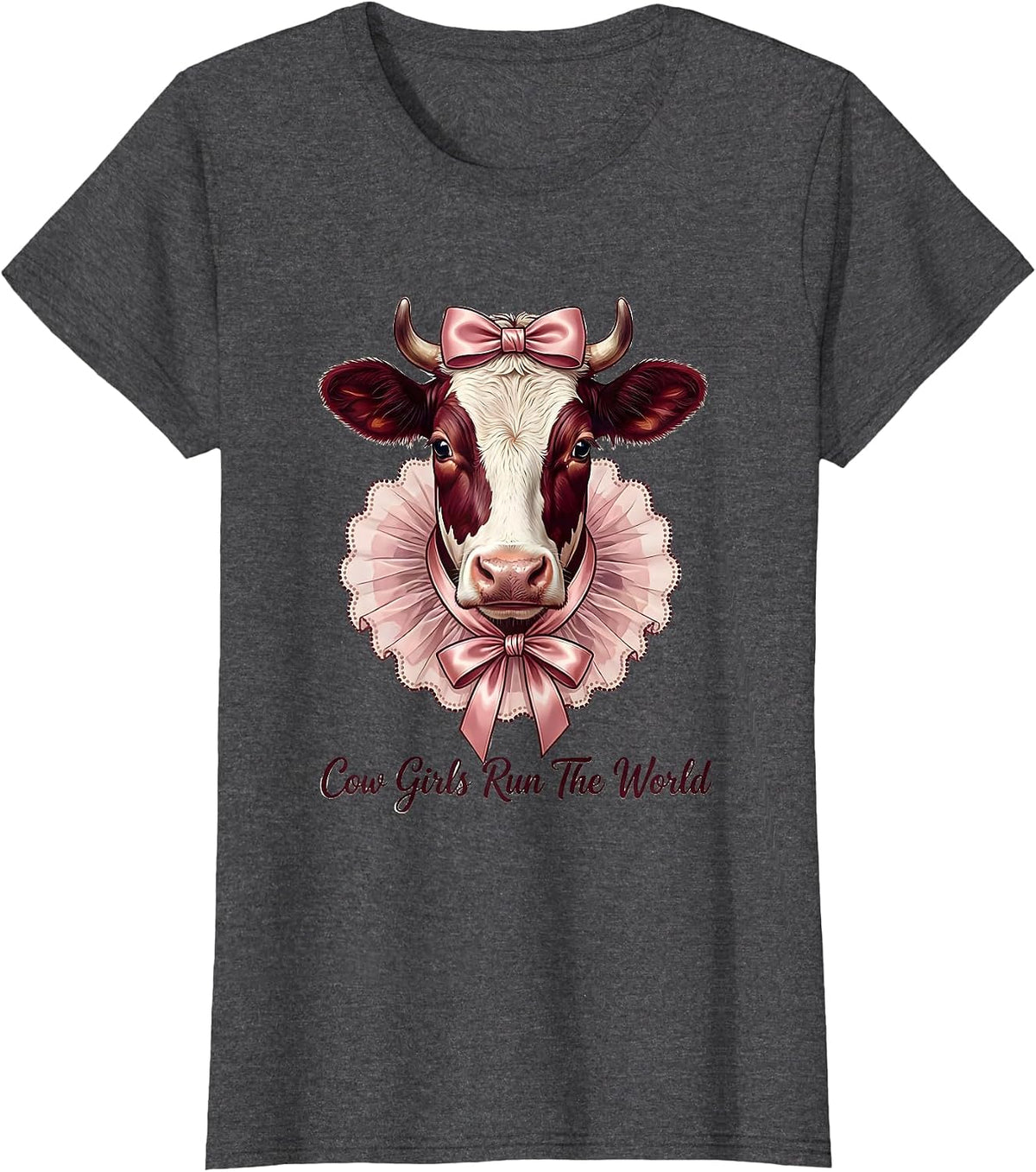 Women's Cow Girls Run The World Cattle Ranch Design T-Shirt - Dark Heather Grey