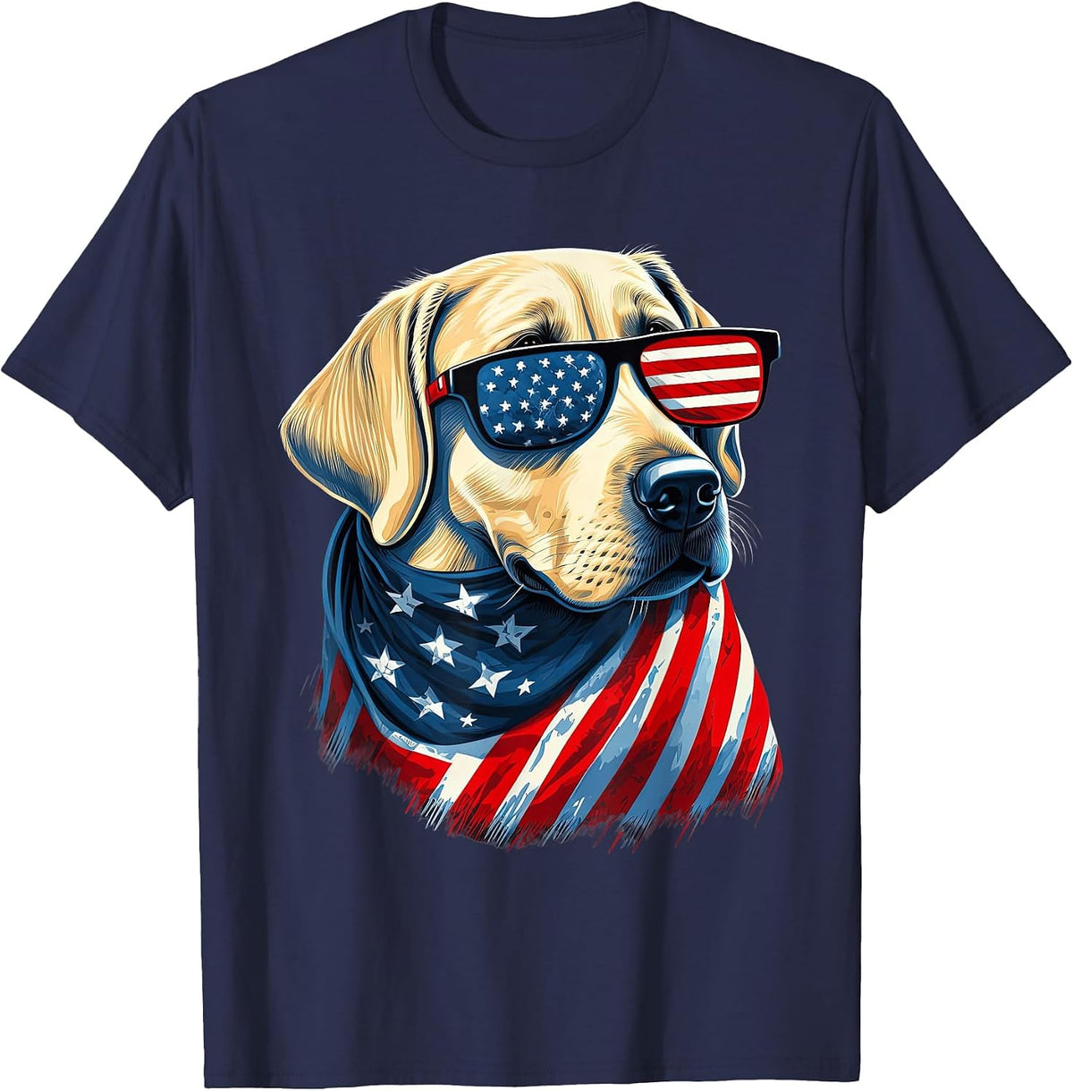 Yellow Labrador with American Flag Patriotic USA T-Shirt - Navy Blue