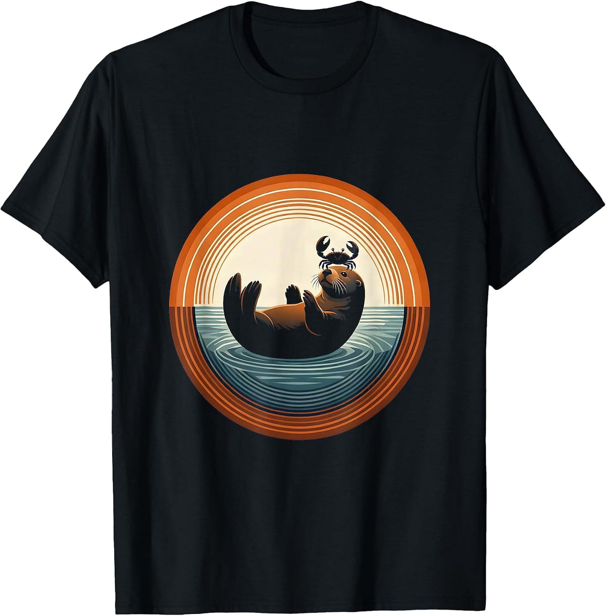 Men's Sea Otter Balancing Crab on Nose Illustration T-Shirt - Black