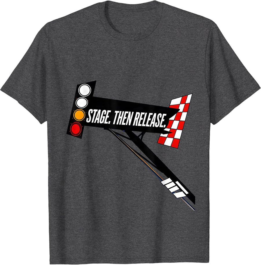 Men's Stage. Then Release. Racing Dragster American RC Car T-Shirt - Dark Heather Grey