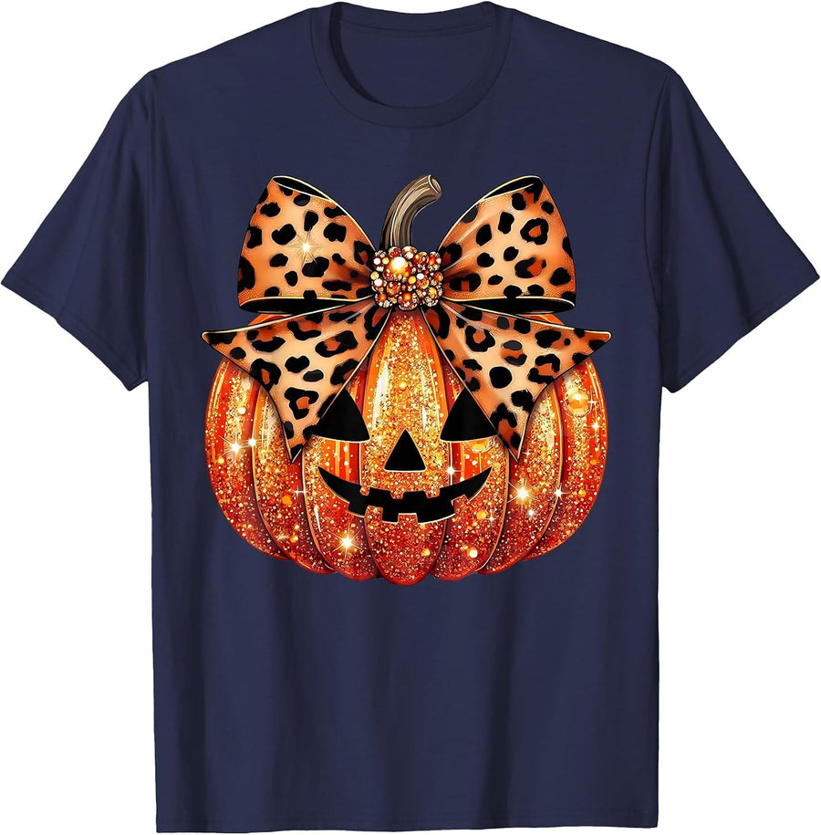 Sparkly Pumpkin Leopard Coquette Bow Pumpkin for Women Girls T-Shirt - Navy Blue