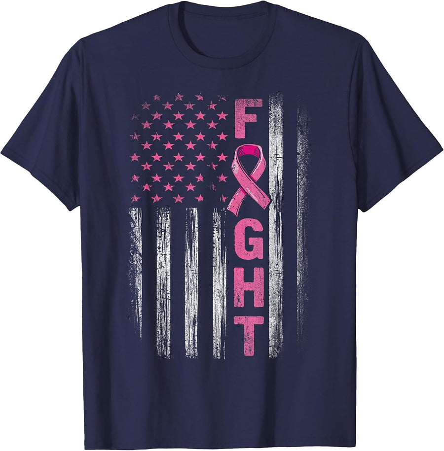 Fight Breast Survivor American Flag Breast Cancer Awareness T-Shirt - Navy Blue