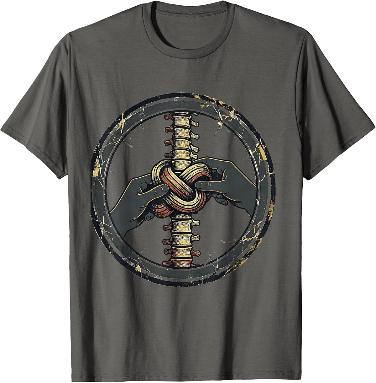 Men's Vertebral Knot Wellness Worker Humor Distressed T-Shirt - Asphalt Grey