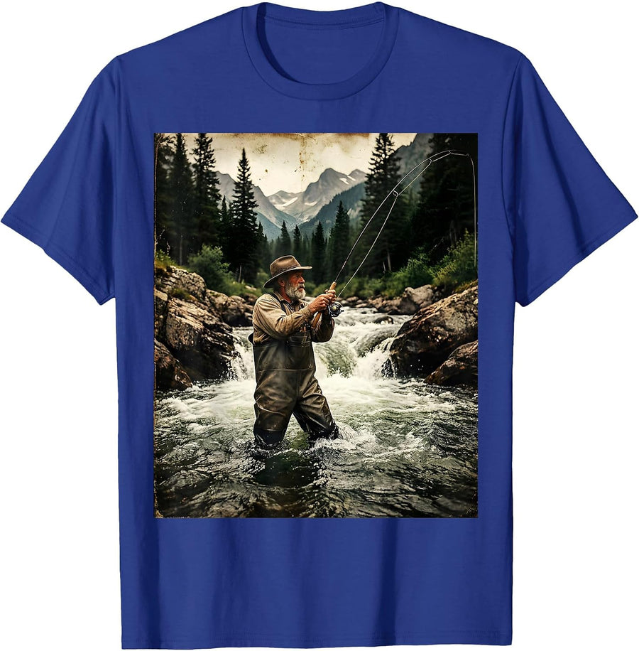 Fly Fishing Mountain Stream Wading Graphic T-Shirt - Royal Blue