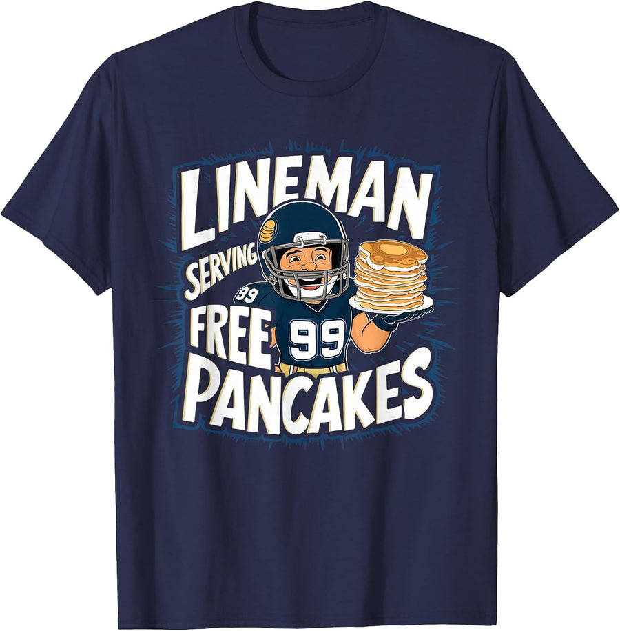 Funny Lineman Serving Pancakes Football OL DL T-Shirt - Navy Blue