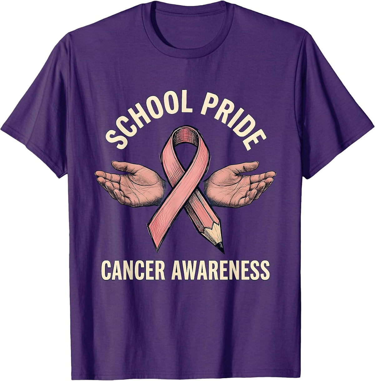School Pride Cancer Awareness Pencil Sketch Design T-Shirt - Purple